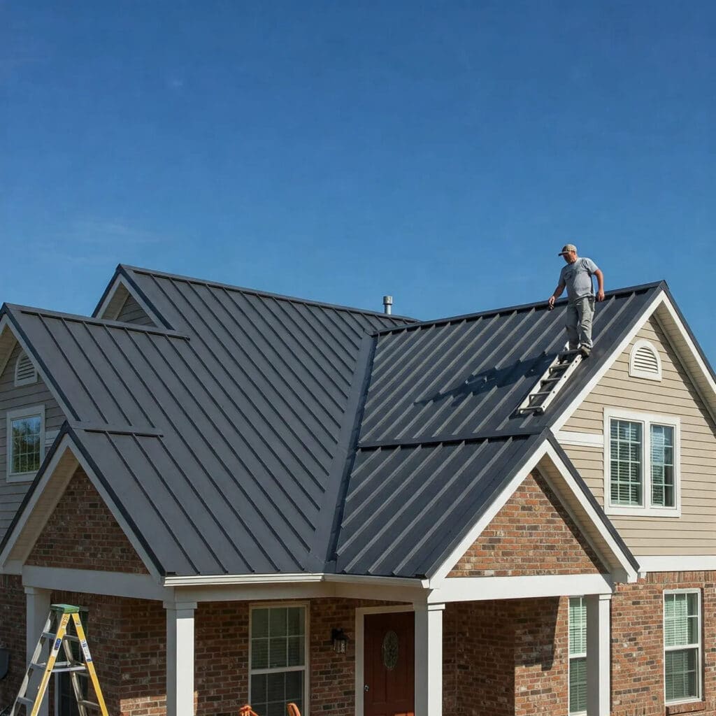 Roofing Contractor Installing Metal Roof on House