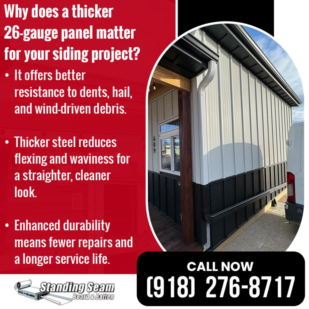 26 gauge board and batten metal siding installed on home showing durability and clean finish in Oklahoma