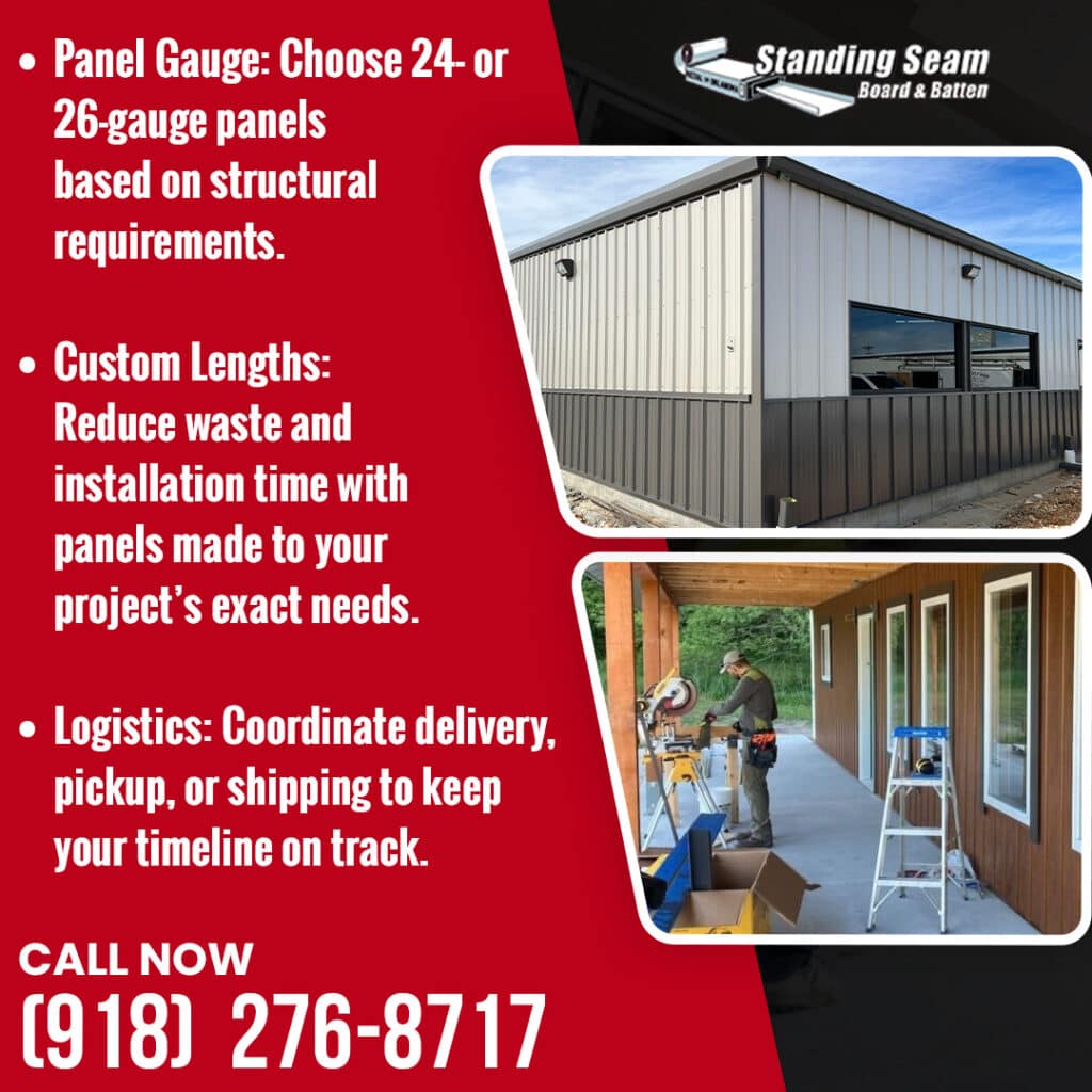 metal siding panels with custom lengths and 24 or 26 gauge options installed on building in Oklahoma