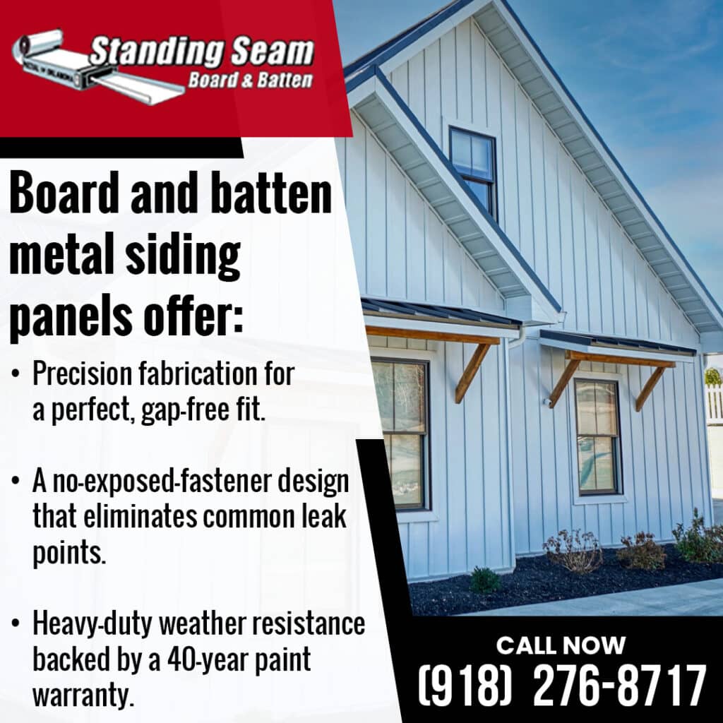 White home with board and batten metal siding panels featuring a clean, no-exposed-fastener design for long-term durability