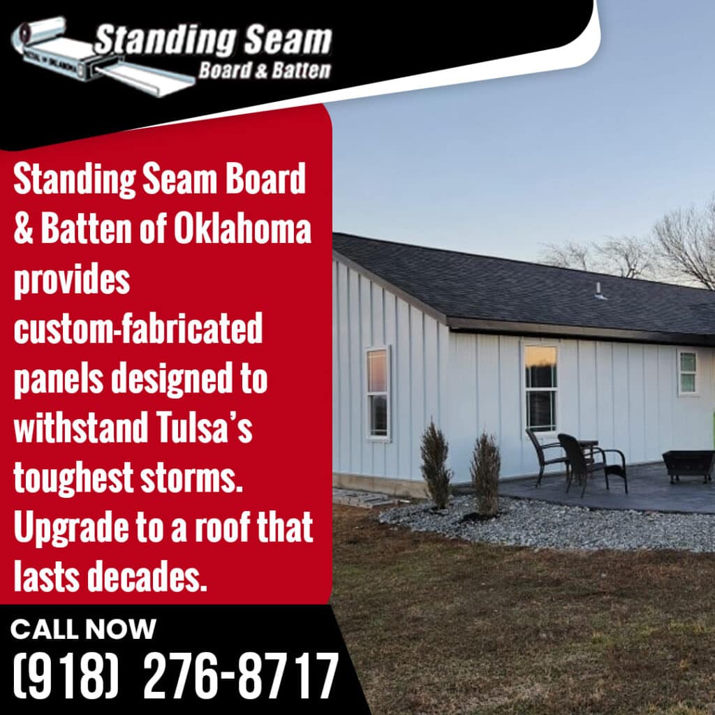 White home with custom-fabricated standing seam metal roof panels installed by Standing Seam Board and Batten of Oklahoma.