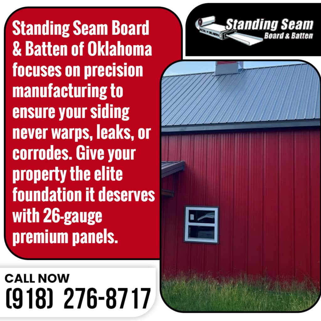Red building with premium 26-gauge board and batten metal siding panels installed by Standing Seam Board and Batten of Oklahoma.