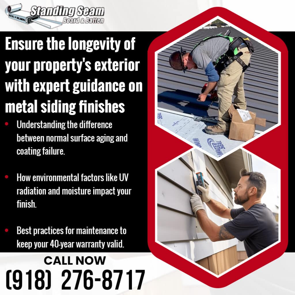 Examples of metal siding finish inspection and installation work in Oklahoma, showing guidance on UV exposure, moisture impact, coating wear, and maintenance practices for long-lasting exterior performance