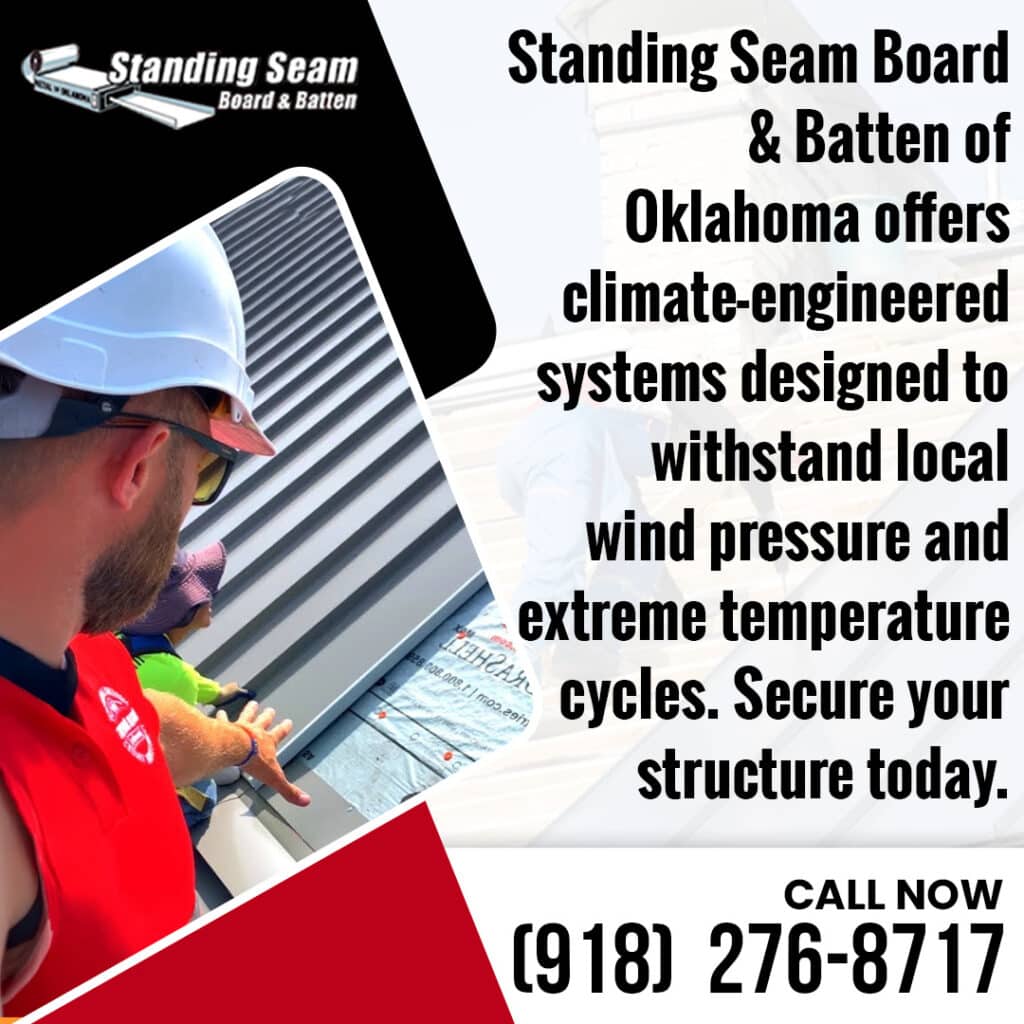 Crew installing a standing seam metal roofing system in Oklahoma, showing panel placement and fastening for a weather-resistant roof built to handle wind and temperature extremes.