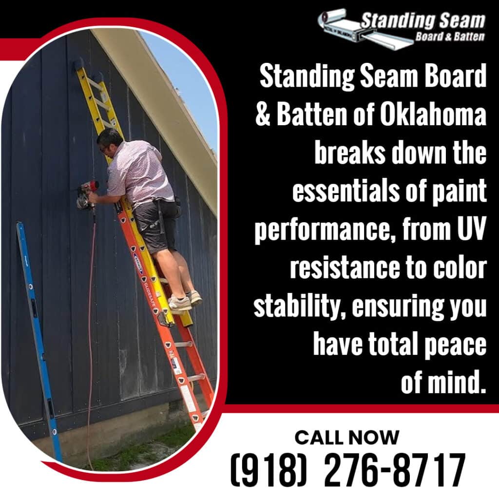 Technician inspecting dark standing seam metal siding finish in Oklahoma, highlighting paint performance, UV resistance, color stability, and long-term coating durability.