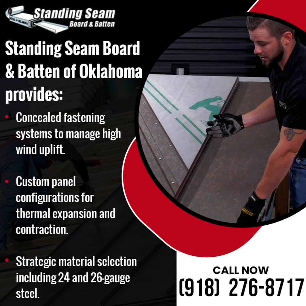 Installer handling a custom standing seam metal panel during fabrication and installation in Oklahoma, highlighting concealed fastening, thermal movement control, and durable steel roofing performance.