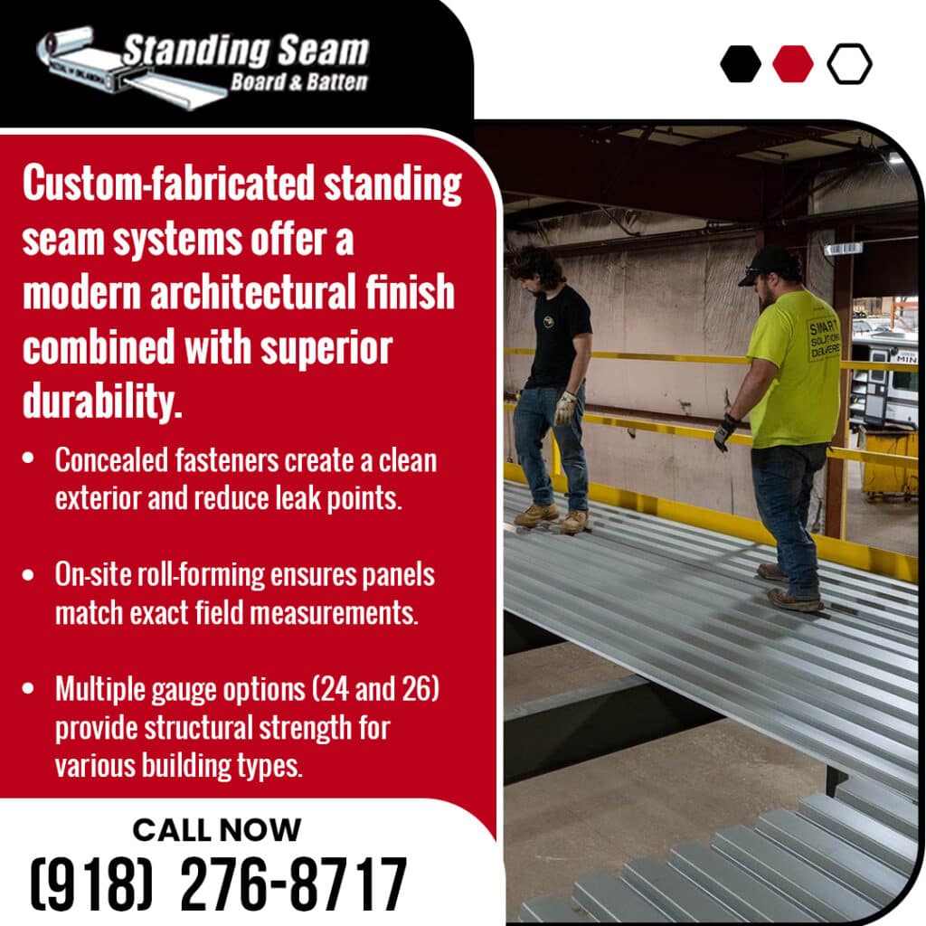 Informational graphic from Standing Seam Board & Batten of Oklahoma highlighting custom-fabricated standing seam systems that offer a modern architectural finish and superior durability. It lists three benefits: concealed fasteners to reduce leak points, on-site roll-forming for exact field measurements, and multiple gauge options (24 and 26) for structural strength. Features a photo of two construction workers inspecting long, freshly roll-formed metal panels inside a manufacturing facility. Includes the phone number (918) 276-8717.