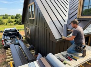 Men installing metal roofing on house