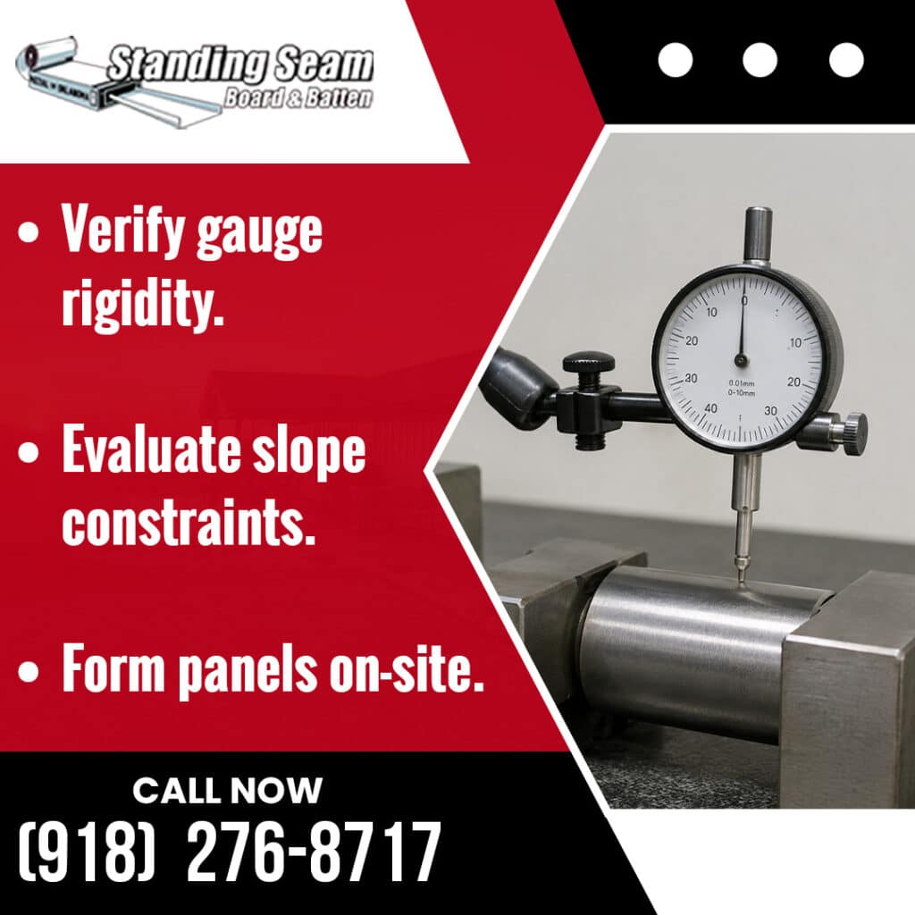 A close-up of a precision dial indicator gauge measuring a metal cylinder next to text about verifying gauge rigidity and forming panels on-site.