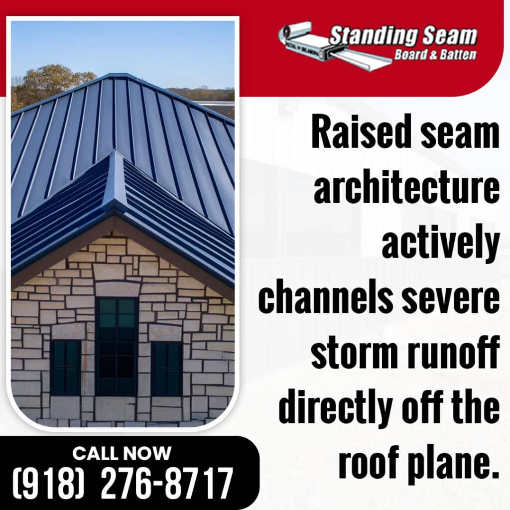 A dark standing seam metal roof installed on a stone accent building with advertising text about storm runoff tracking.