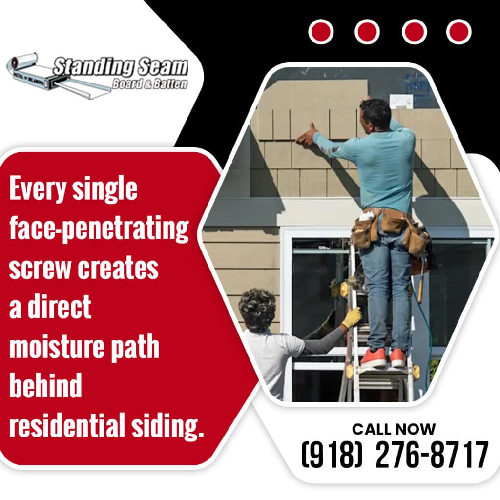 Construction workers on a ladder installing cedar-shake style siding next to text warning about face-penetrating screw leaks.