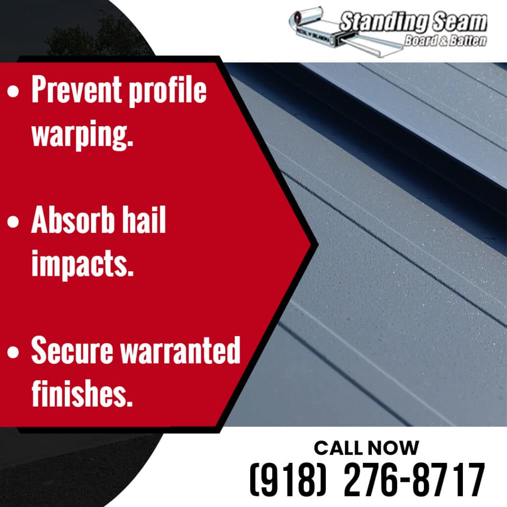 Close-up texture of dark coated steel siding panels next to text detailing hail impact resistance and warranted finishes.