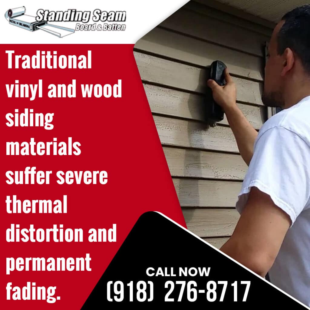 A worker inspecting faded horizontal vinyl siding with a handheld digital tool next to text about traditional material distortion.