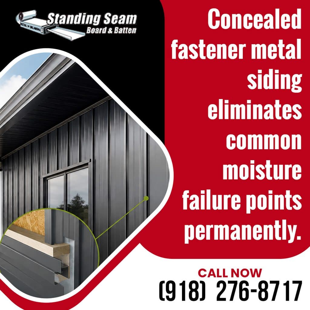 Dark vertical board and batten metal siding on an exterior wall with a cutaway diagram highlighting the concealed fastener system beside moisture protection text.