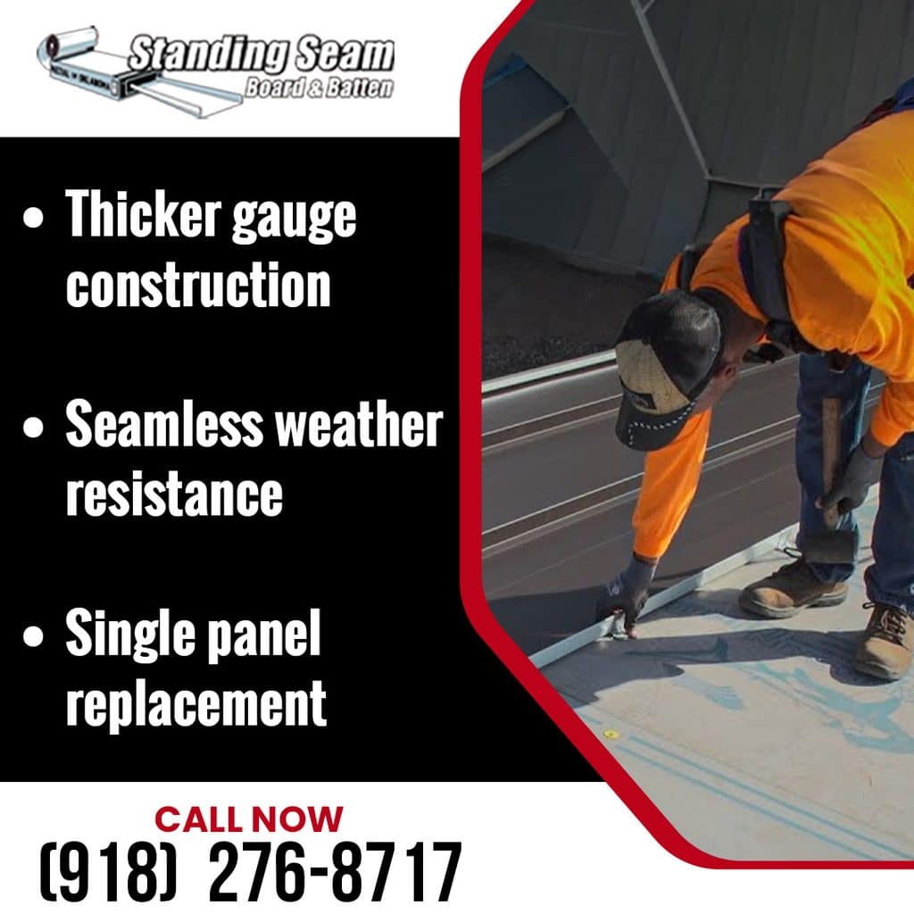 A roofing contractor in high-visibility gear aligning and installing a standing seam metal roof panel beside key performance benefit bullet points.