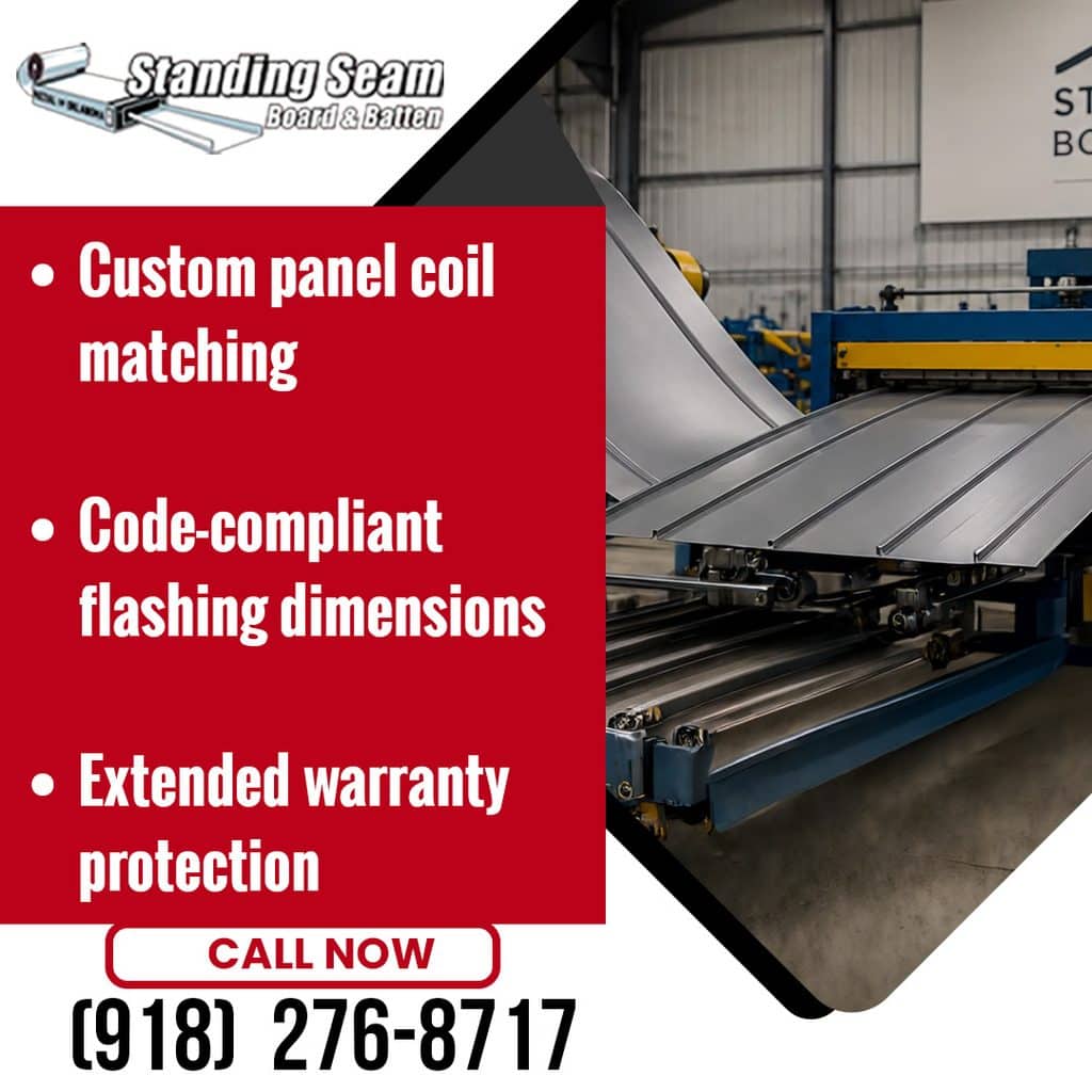 Formed standing seam metal roof panels moving through an industrial roll former machine beside bullet points highlighting custom coil matching and warranty protection.