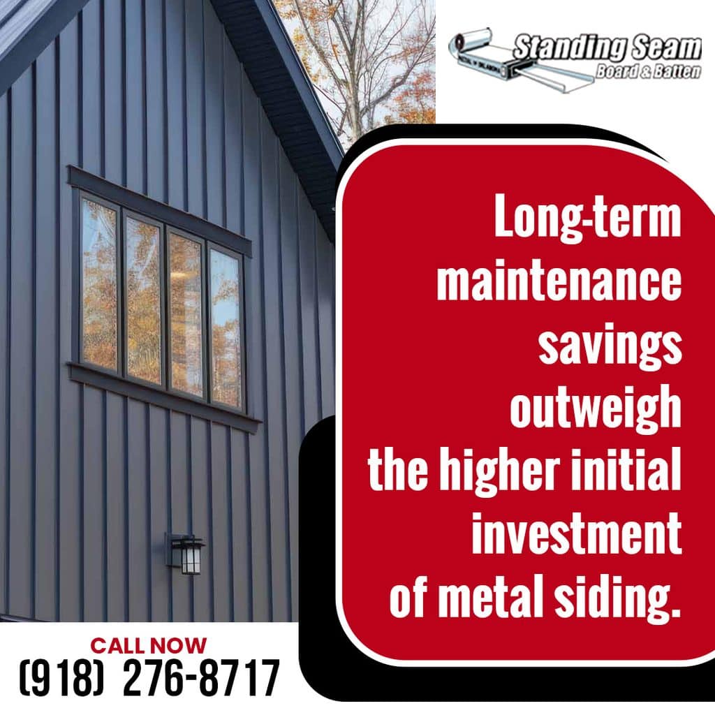 Dark vertical board and batten metal siding installed on a modern residential exterior around a multi-pane window beside text about long-term maintenance savings.