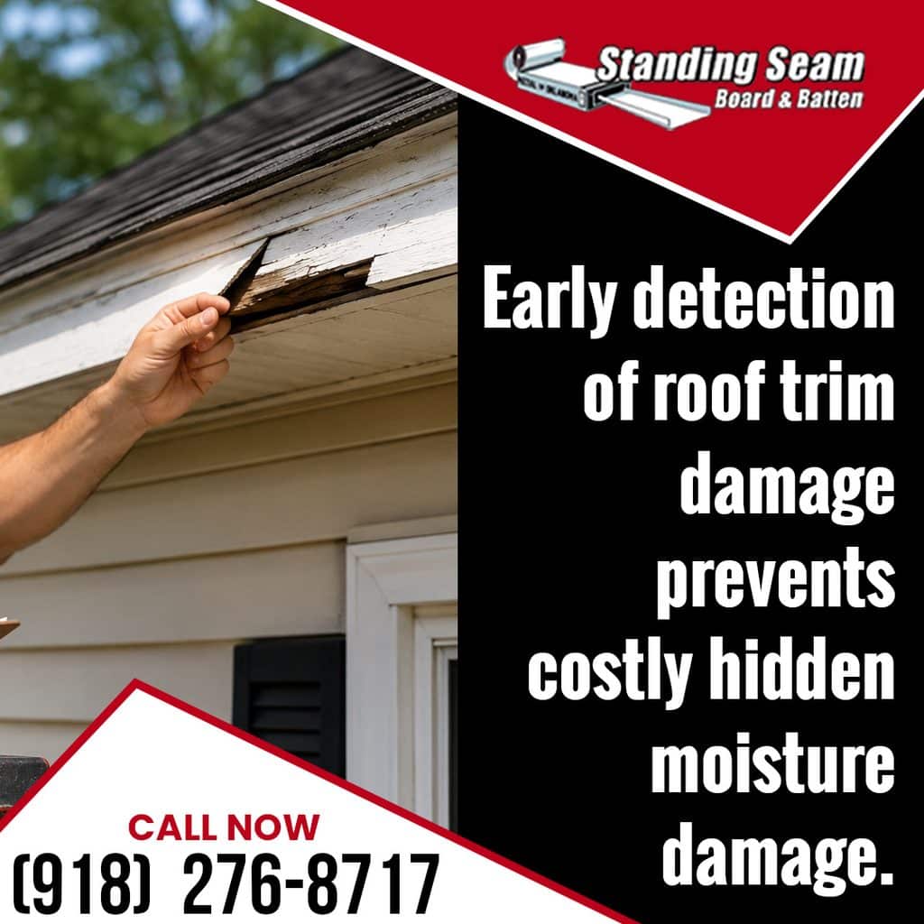 A homeowner inspecting rotten, peeling wood trim and fascia under a roof edge, illustrating the risks of hidden moisture damage.