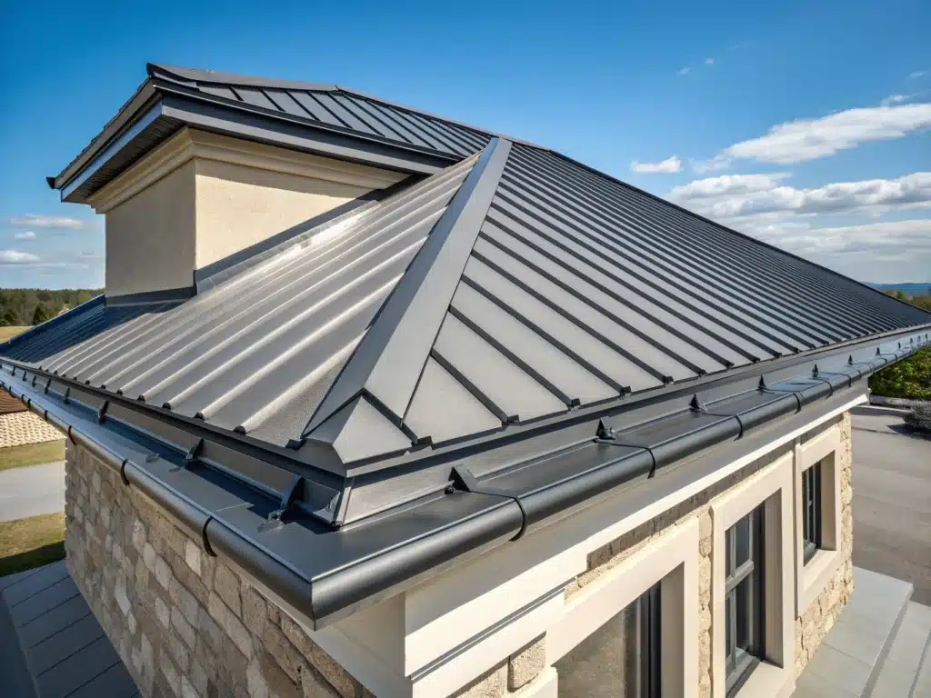 High-angle exterior view of a matte gray standing seam metal roof featuring clean hip ridge caps, integrated flashing, and seamless dark gutters on a stone building.