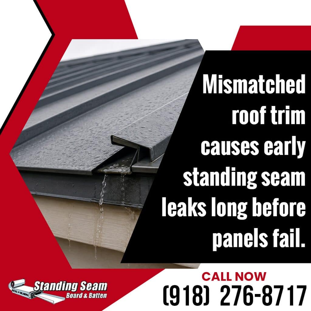 Water dripping from the edge flashing of a standing seam metal roof during rain next to text detailing the risks of mismatched trim leaks.