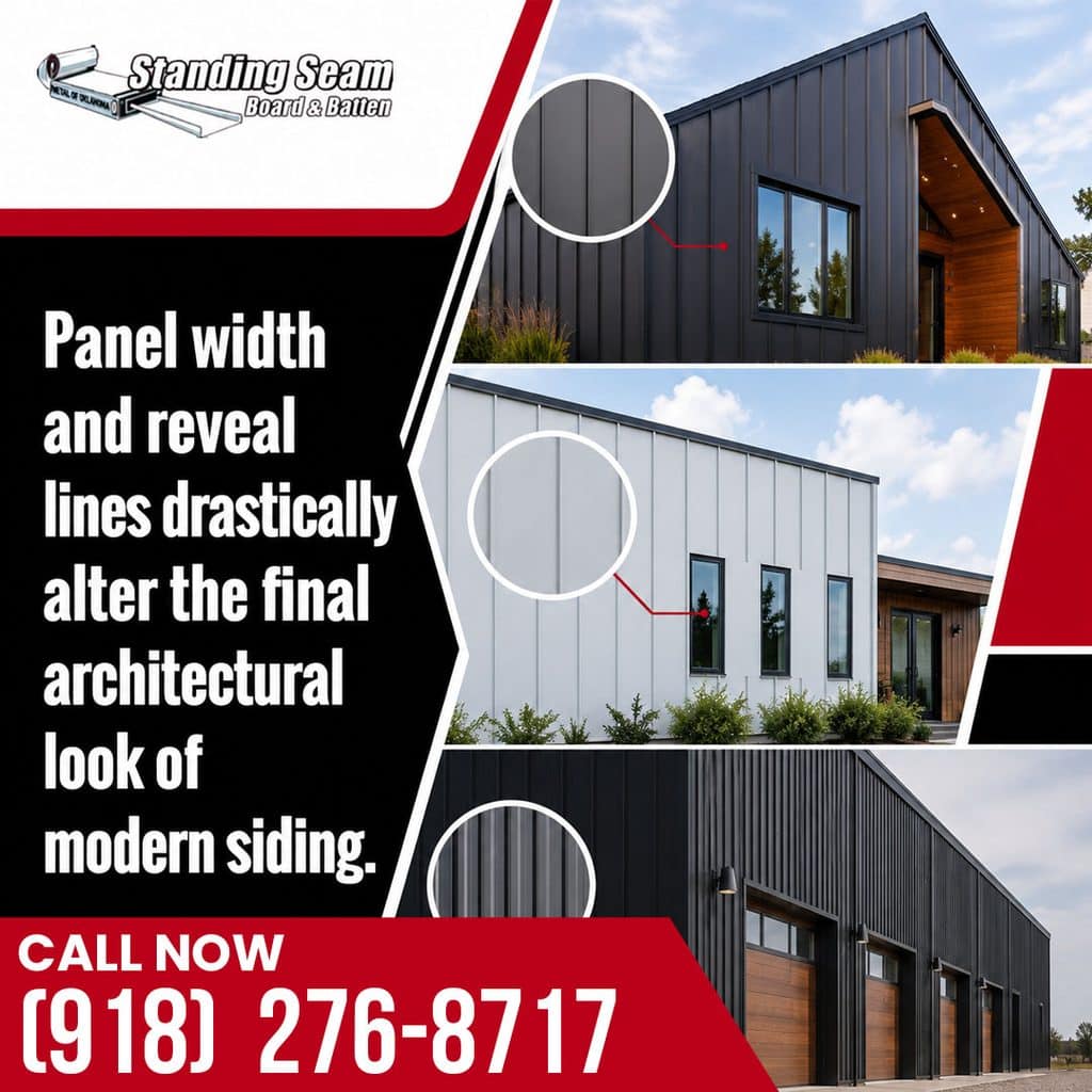 Three modern buildings showcasing varied vertical metal siding configurations, paired with circular zoom-in insets highlighting wide panels, board and batten reveals, and narrow rib profiles.
