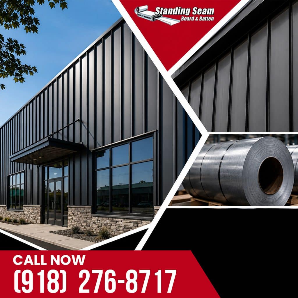 Modern commercial building facade clad in vertical dark metal siding with stone accents, paired with two insets showing a close-up of vertical panel seams and a raw galvanized steel coil roll.
