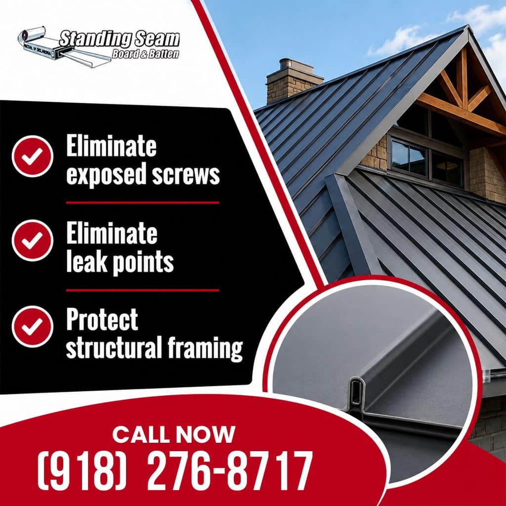 Modern dark charcoal standing seam metal roof installed on a multi-gable residential home, accompanied by three feature checkmarks and a circular inset showing a close-up profile of the interlocking concealed seam.