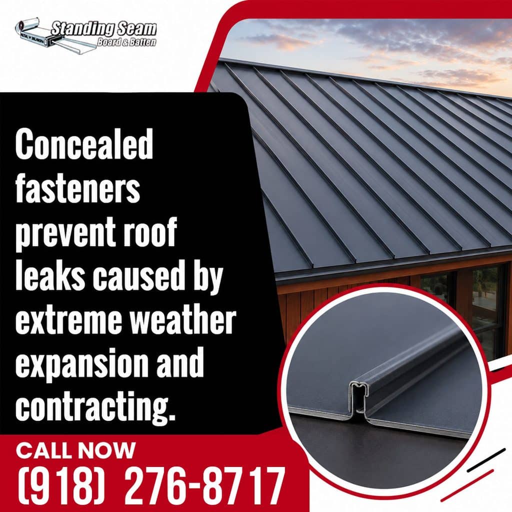 Modern dark charcoal standing seam metal roof on a residential building at sunset, with a circular cross-section inset showing the interlocking concealed fastener seam profile.