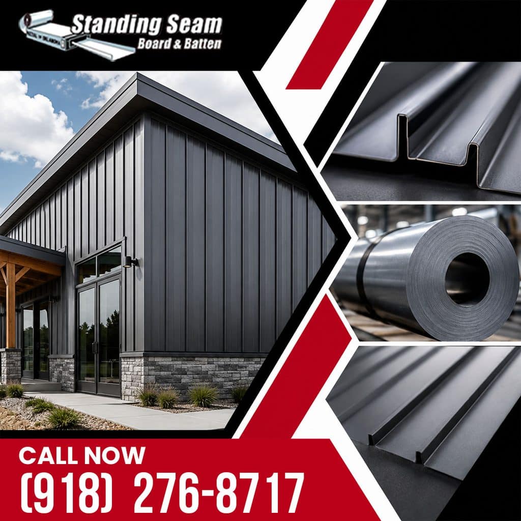 Modern commercial building clad in charcoal vertical metal board and batten siding, paired with three insets showing panel rib seams, a raw metal coil roll, and fabricated siding panels.
