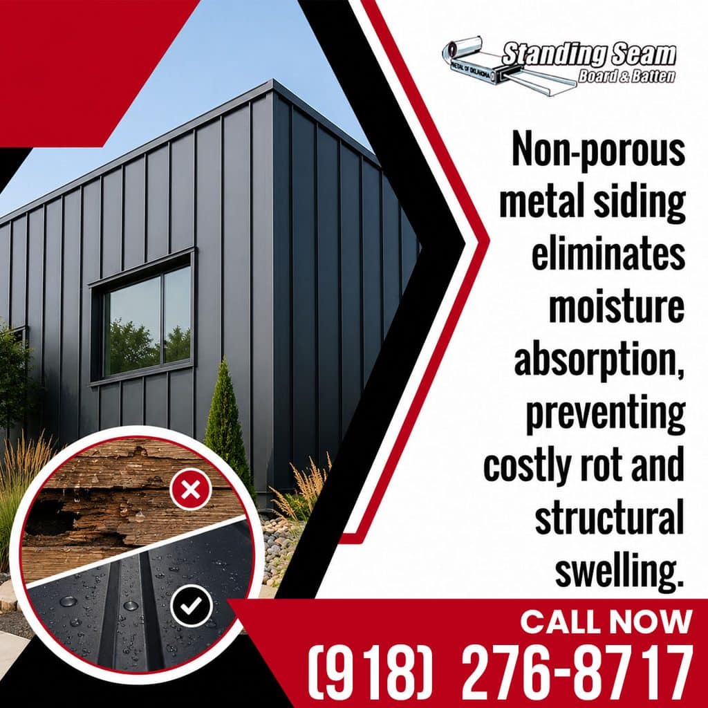 Modern residential exterior clad in dark vertical metal siding, paired with a circular comparison inset contrasting decaying water-damaged wood siding with water-repellent metal panels.