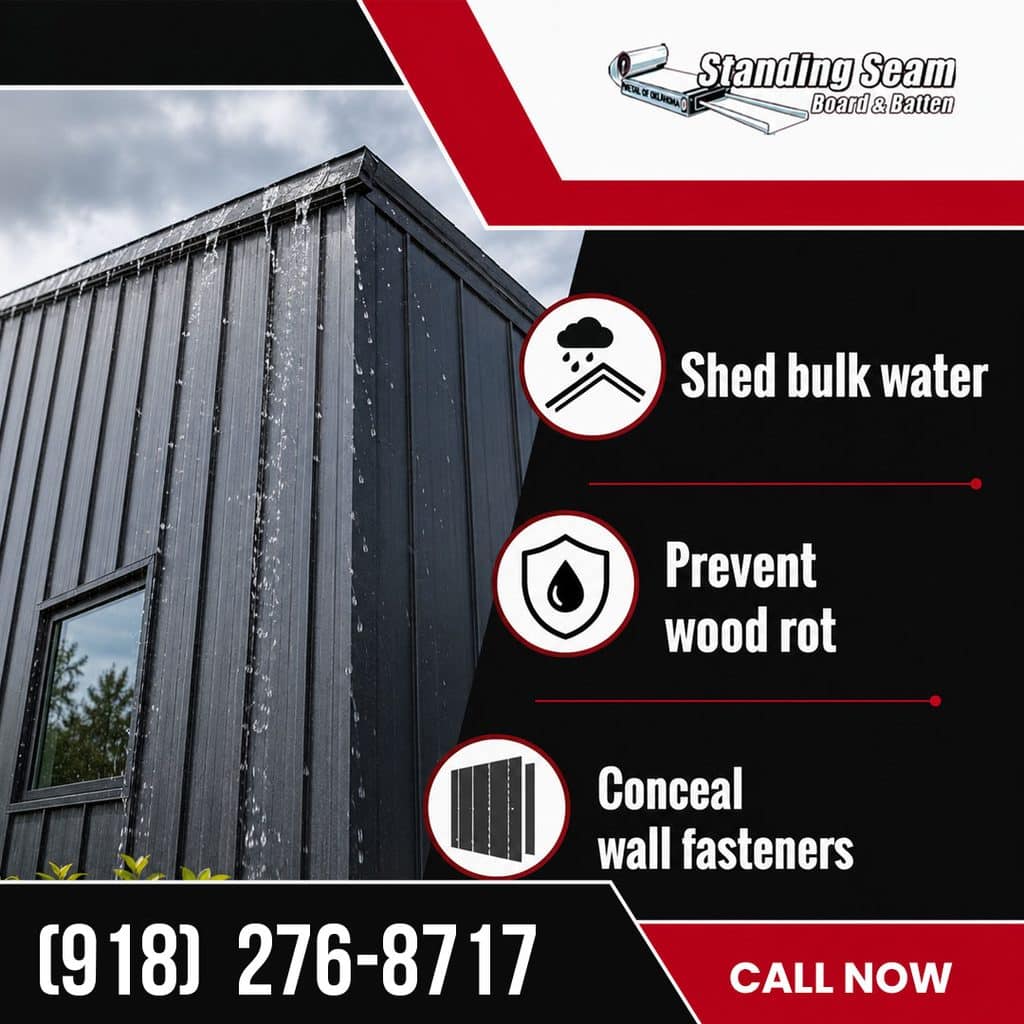 : Dark vertical standing seam metal siding shedding heavy rainwater runoff from a building roofline, accompanied by three feature icons detailing water management and construction benefits.